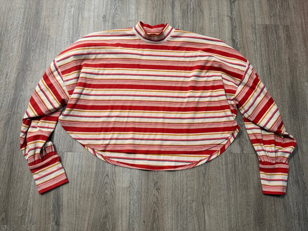 Free People Red & Cream Striped Long Sleeve Mock Neck Shirt